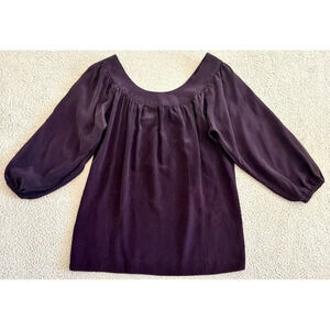 Rory Becca Silk Blouse Navy Blue Popover Puff Sleeve Monochrome